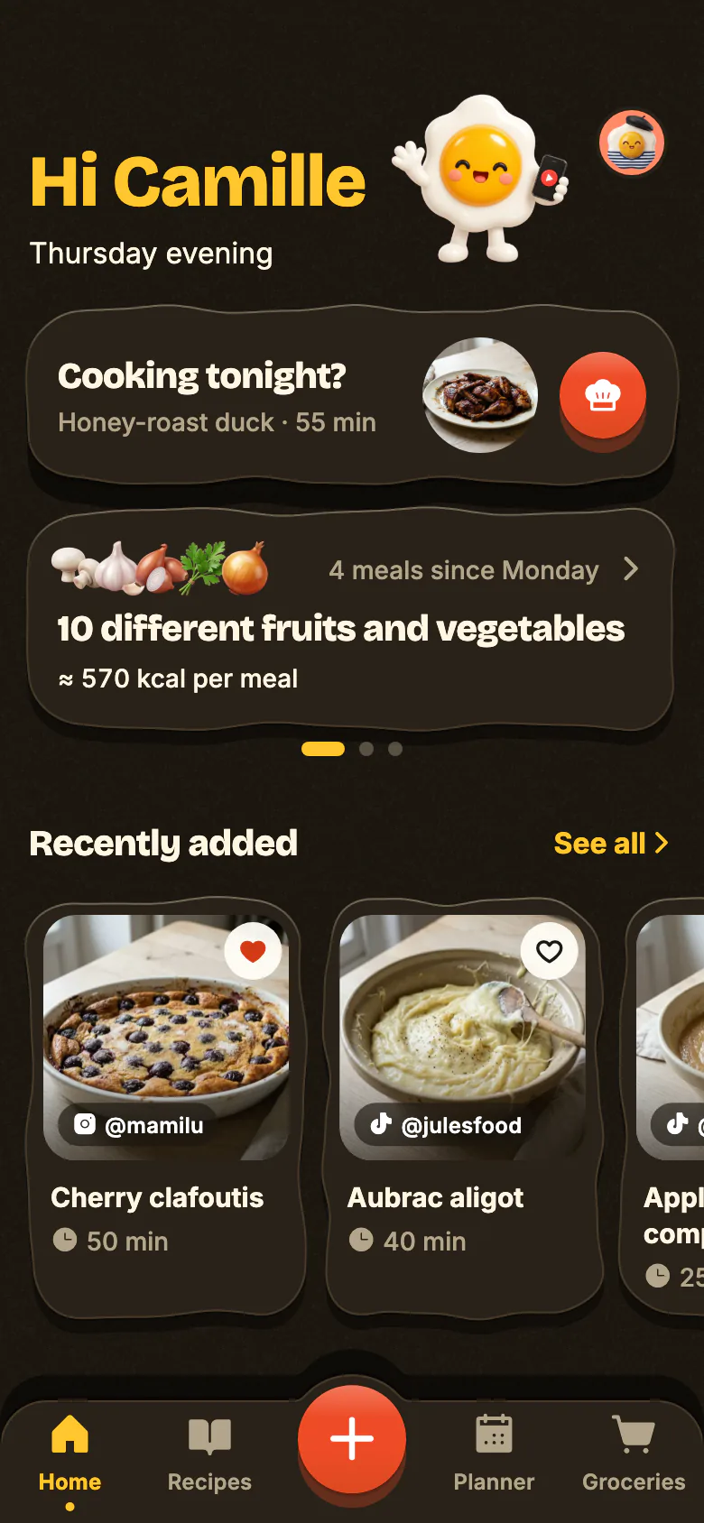 Yumclip’s Home screen on a weekday evening: “Cooking tonight?” suggests a recipe, the week counts its fruit and vegetables, and recently added recipes follow.
