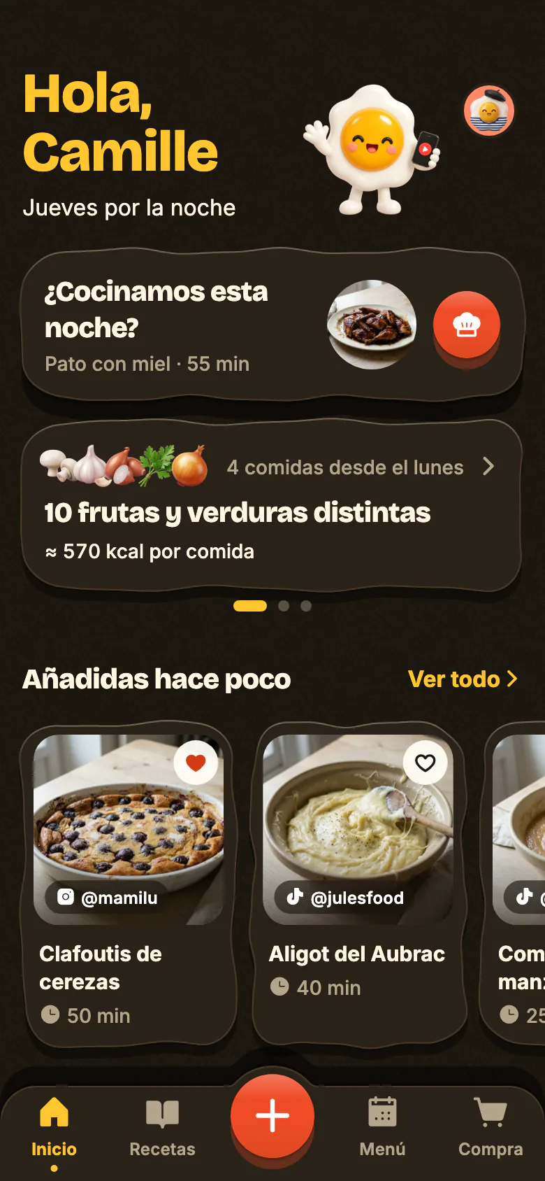 La pantalla de inicio de Yumclip una noche entre semana: «¿Cocinamos esta noche?» propone una receta, la semana cuenta sus frutas y verduras, y debajo, las recetas añadidas hace poco.