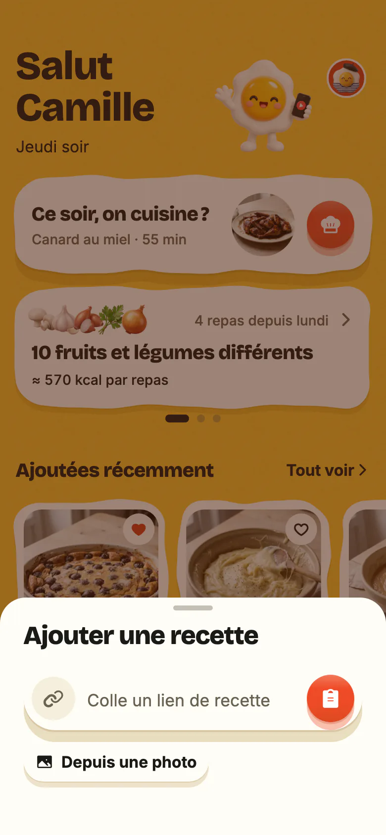 « Ajouter une recette », ouvert par le + de Yumclip : le champ « Colle un lien de recette » et son bouton coller, puis « Depuis une photo ».
