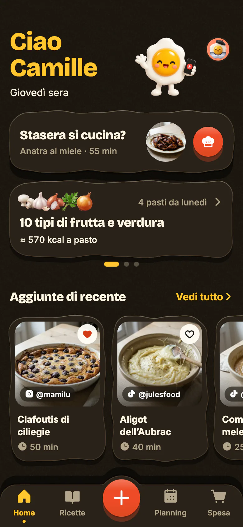 La Home di Yumclip una sera in settimana: «Stasera si cucina?» propone una ricetta, la settimana conta la sua frutta e verdura, e sotto ci sono le ricette aggiunte di recente.