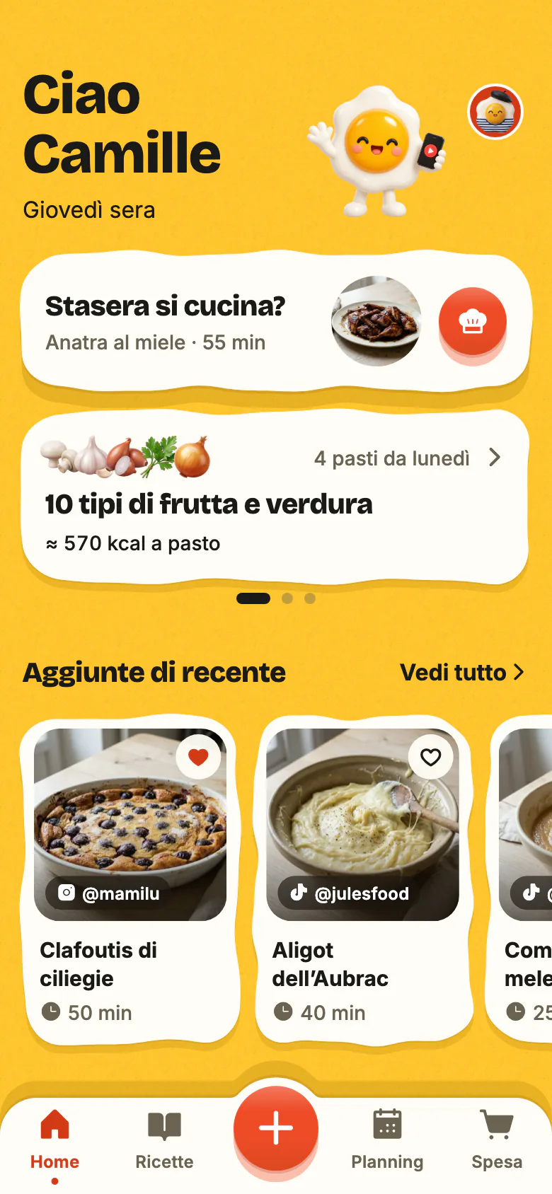 La Home di Yumclip una sera in settimana: «Stasera si cucina?» propone una ricetta, la settimana conta la sua frutta e verdura, e sotto ci sono le ricette aggiunte di recente.