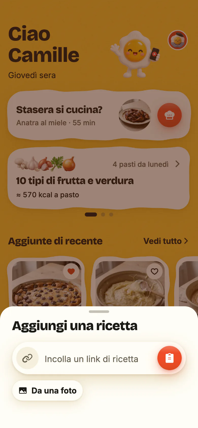 «Aggiungi una ricetta», aperto dal + di Yumclip: il campo «Incolla un link di ricetta» con il suo pulsante incolla, poi «Da una foto».