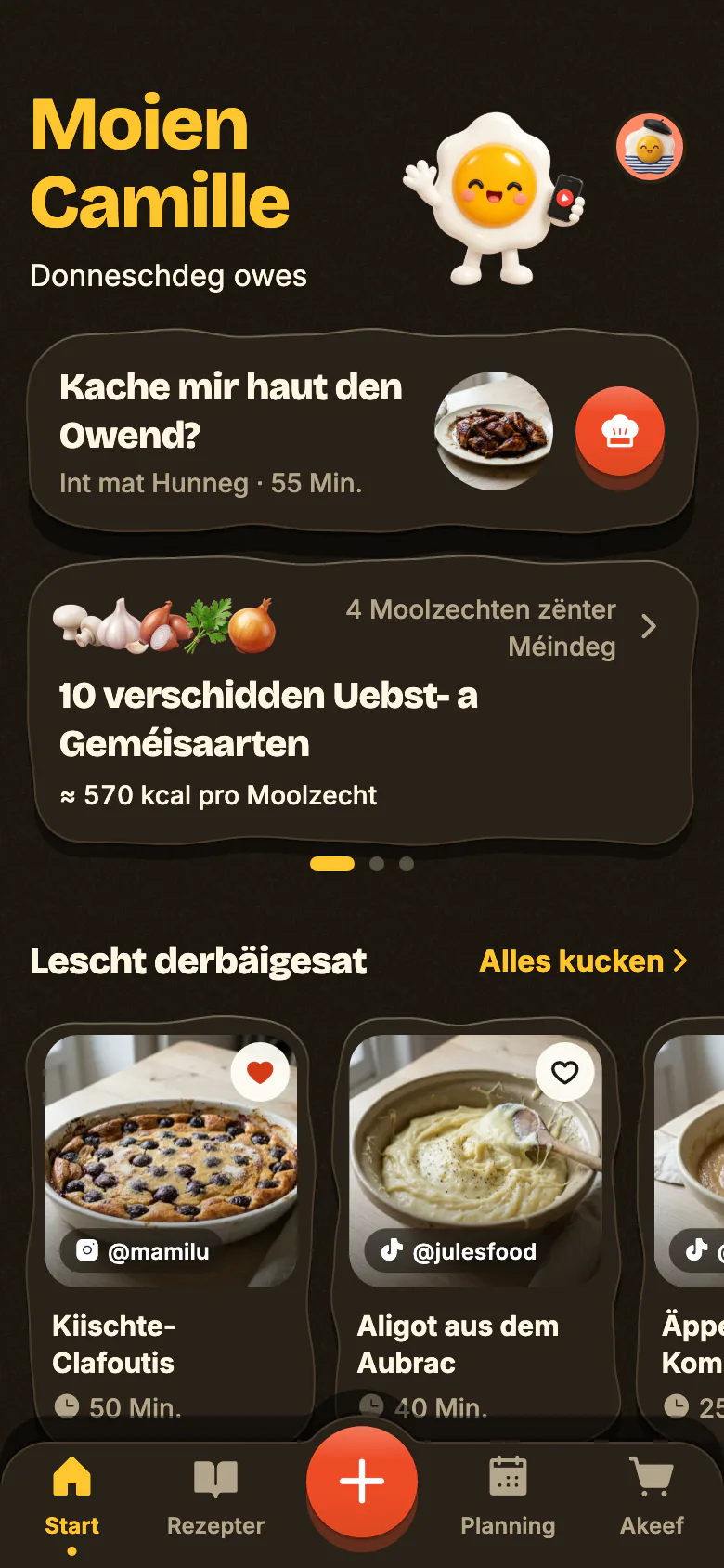 De Startschierm vu Yumclip un engem Owend an der Woch: „Kache mir haut den Owend?“ proposéiert e Rezept, d’Woch zielt hiert Uebst a Geméis, an dorënner sinn déi lescht derbäigesate Rezepter.