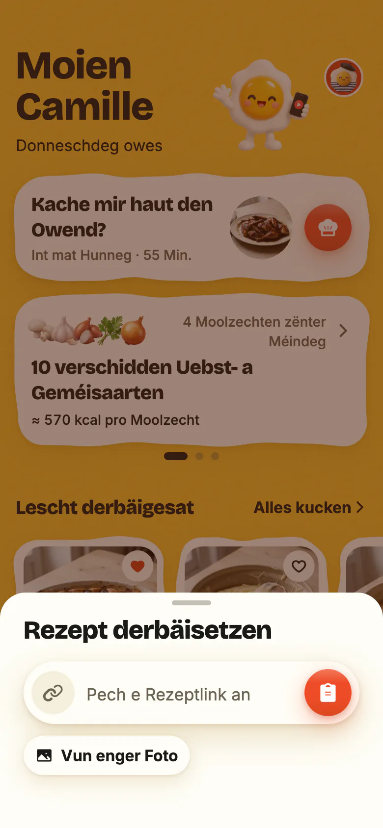 „Rezept derbäisetzen“, opgemaach iwwer de + vu Yumclip: d’Feld „Pech e Rezeptlink an“ mat sengem Knäppchen zum Apechen, an dorënner „Vun enger Foto“.