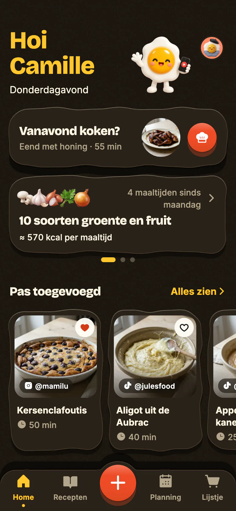 Het startscherm van Yumclip op een doordeweekse avond: “Vanavond koken?” stelt een recept voor, de week telt haar groente en fruit, en daaronder de pas toegevoegde recepten.