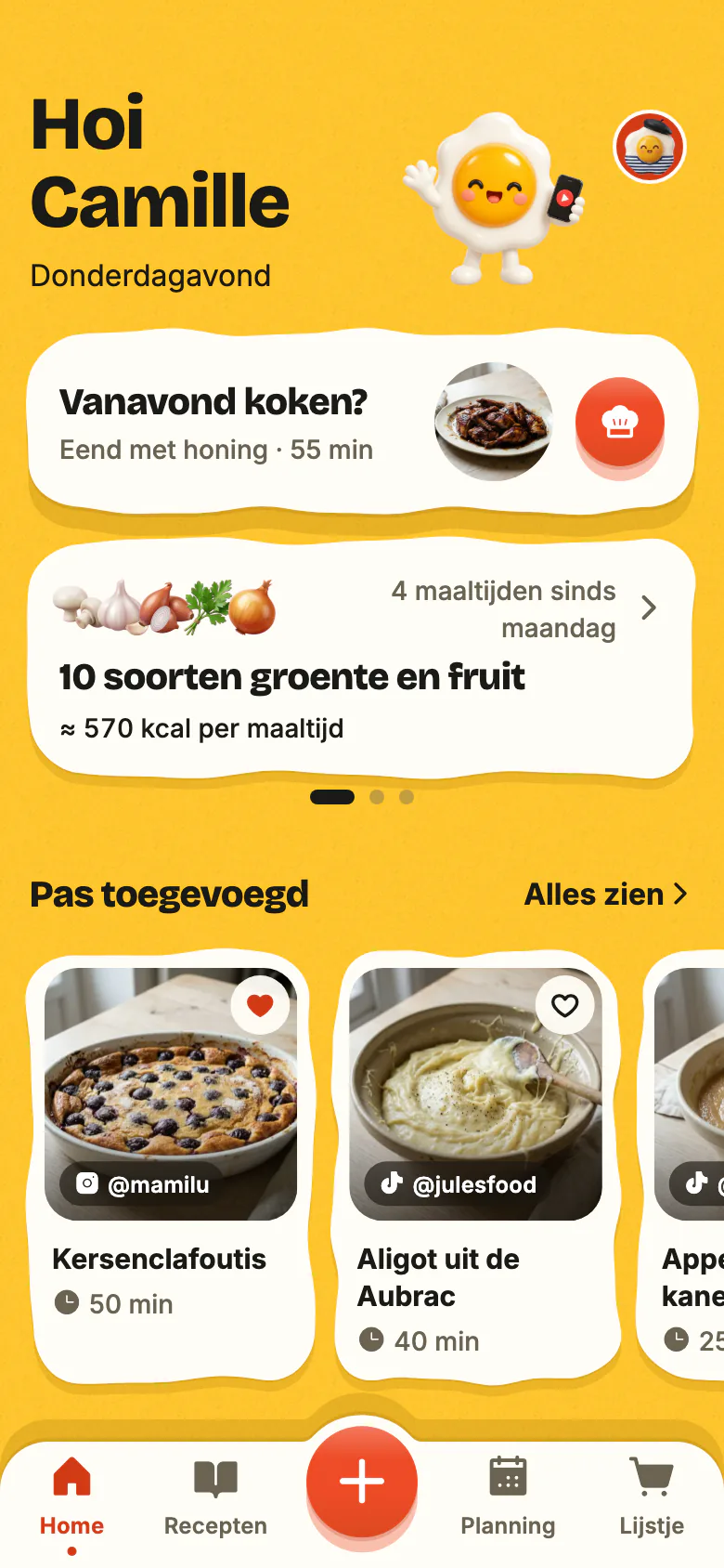Het startscherm van Yumclip op een doordeweekse avond: “Vanavond koken?” stelt een recept voor, de week telt haar groente en fruit, en daaronder de pas toegevoegde recepten.