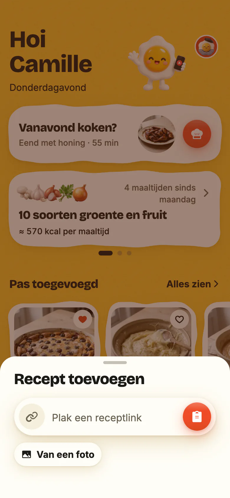 “Recept toevoegen”, geopend met de + van Yumclip: het veld “Plak een receptlink” met de plakknop, daaronder “Van een foto”.