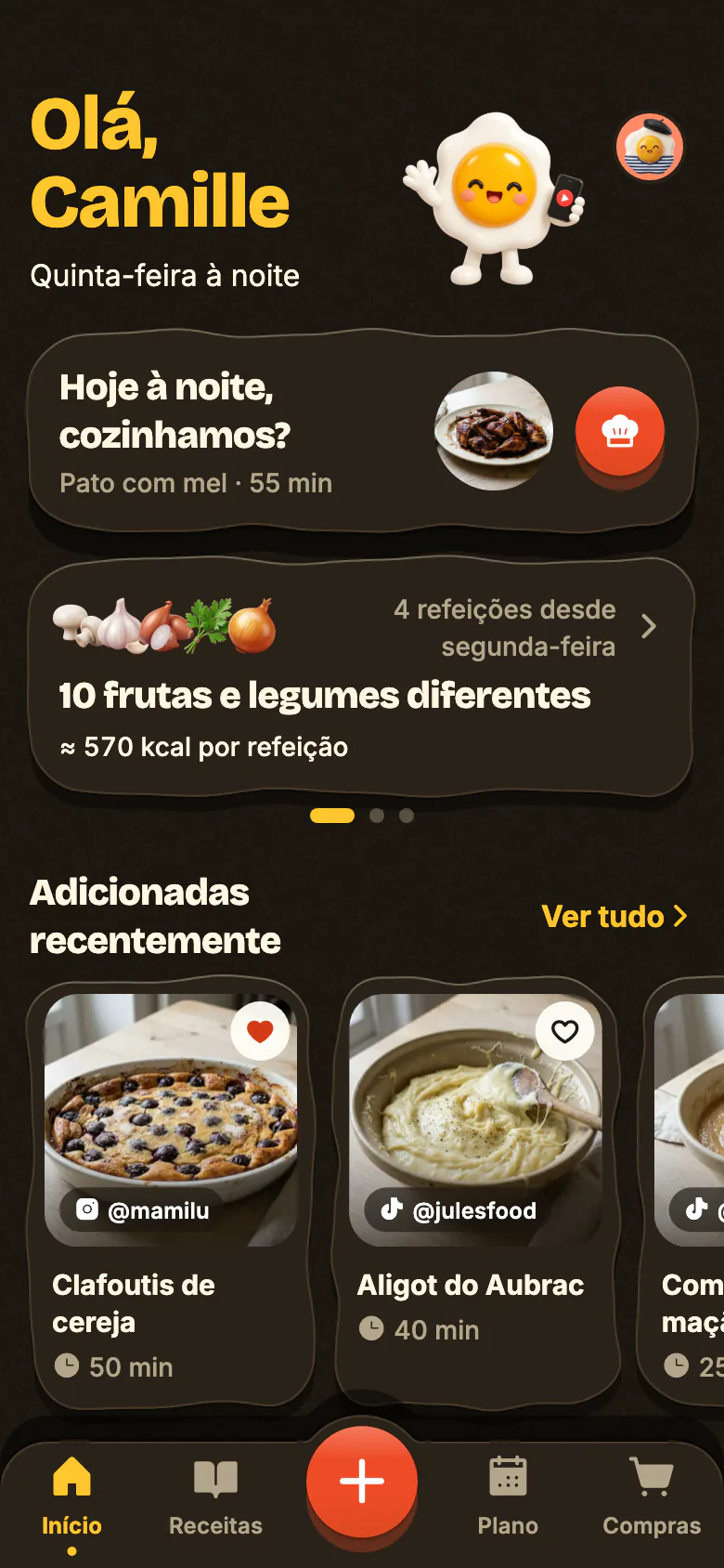 O ecrã de início do Yumclip numa noite de semana: «Hoje à noite, cozinhamos?» propõe uma receita, a semana conta as suas frutas e legumes, e por baixo estão as receitas adicionadas recentemente.