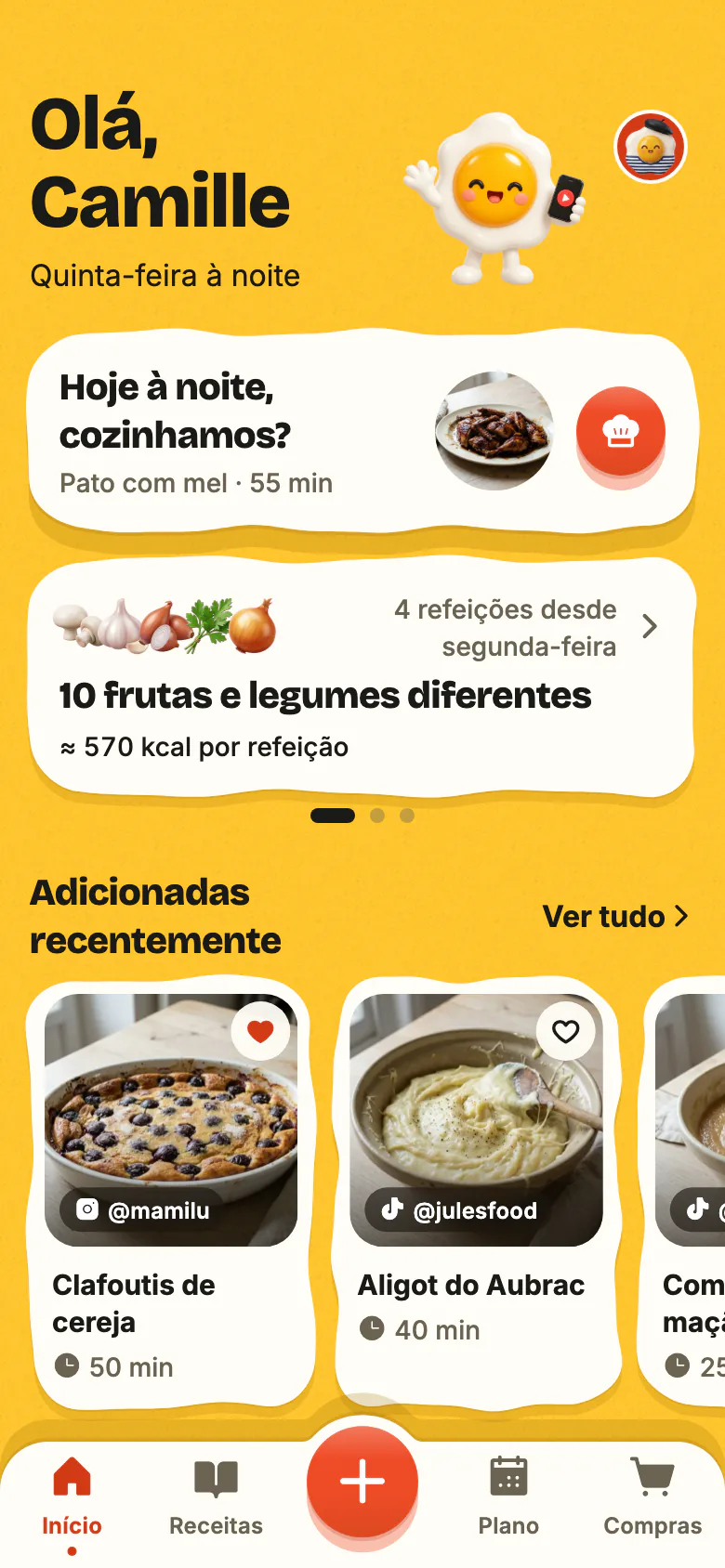 O ecrã de início do Yumclip numa noite de semana: «Hoje à noite, cozinhamos?» propõe uma receita, a semana conta as suas frutas e legumes, e por baixo estão as receitas adicionadas recentemente.