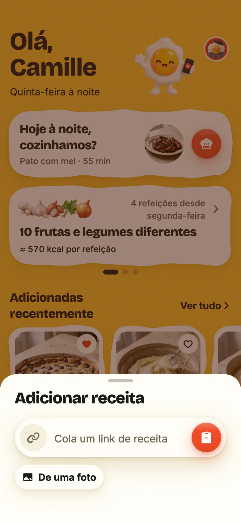 «Adicionar receita», aberto pelo + do Yumclip: o campo «Cola um link de receita» com o botão de colar e, por baixo, «De uma foto».