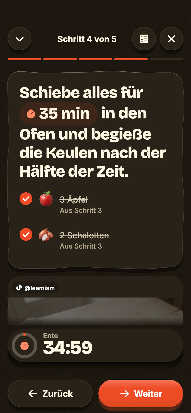 Der Kochmodus von Yumclip am Abend: ein Schritt in großer Schrift, seine Zutaten und der Timer, der startet.
