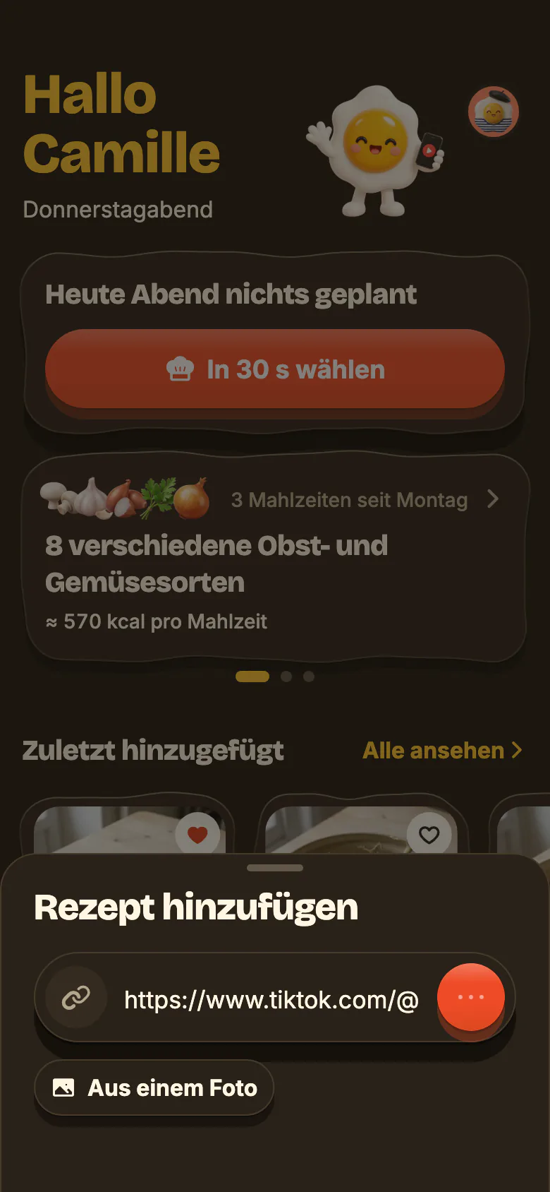 Der Startbildschirm von Yumclip: ein eingefügter Rezeptlink, der Import läuft, dann kommt das neue Rezept an.