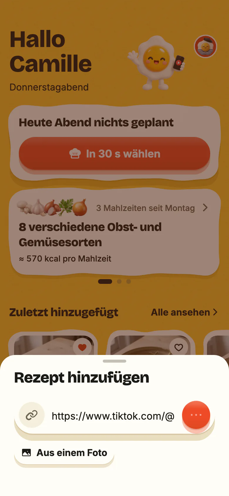 Der Startbildschirm von Yumclip: ein eingefügter Rezeptlink, der Import läuft, dann kommt das neue Rezept an.
