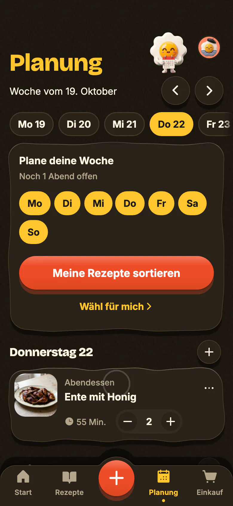 Die Planung in Yumclip: ein Rezept für heute Abend, dann füllen sich die anderen Abende der Woche.