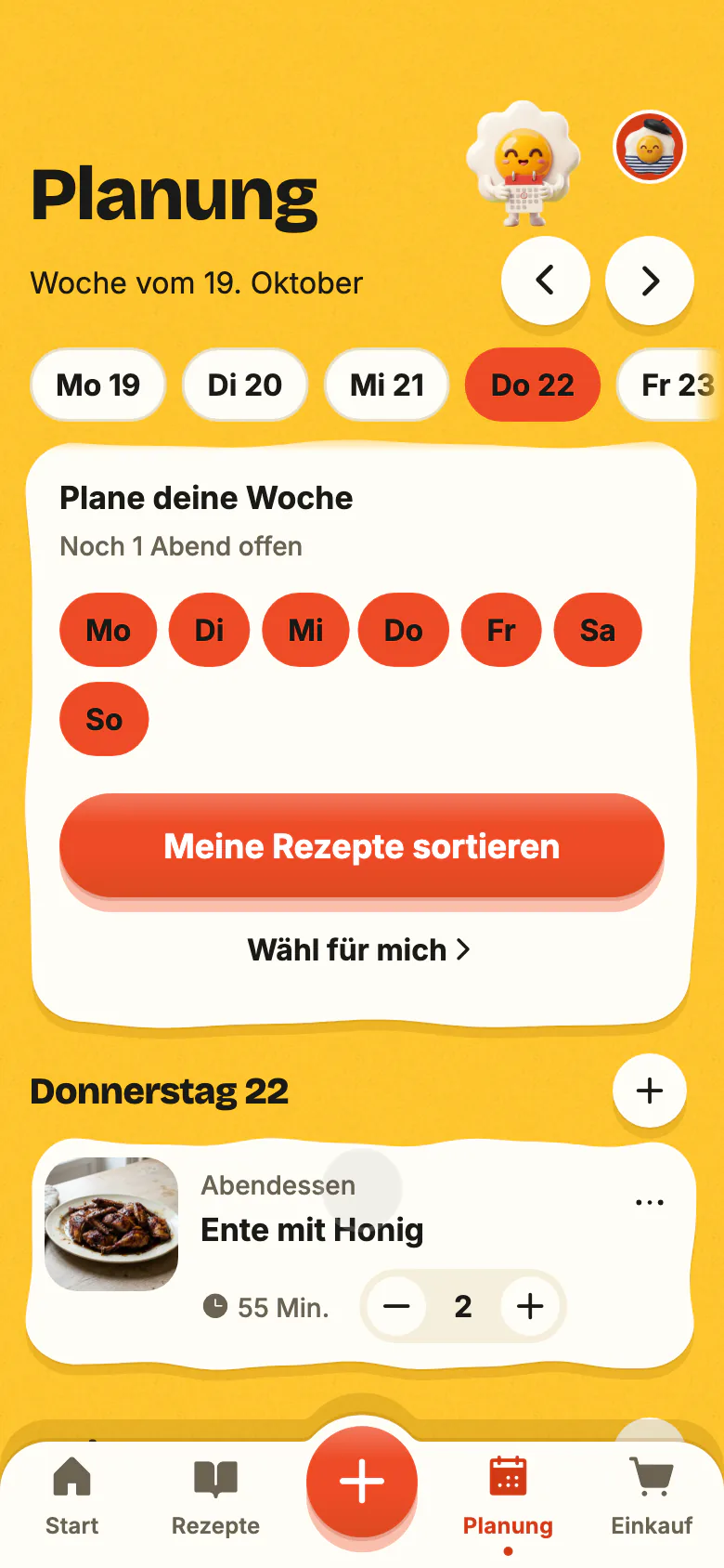 Die Planung in Yumclip: ein Rezept für heute Abend, dann füllen sich die anderen Abende der Woche.