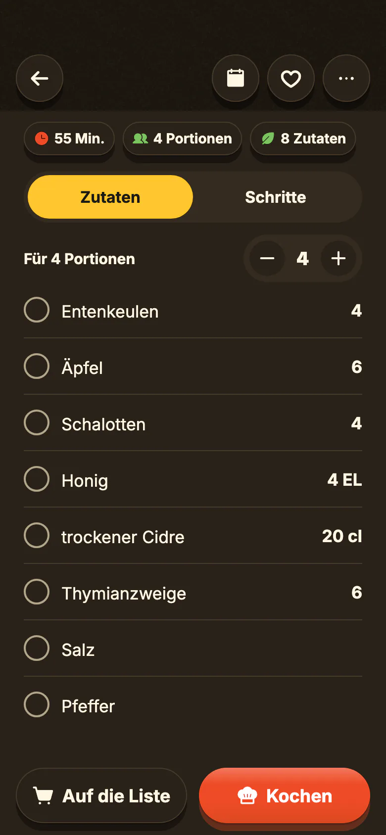 Ein Rezept in Yumclip: die Zutaten mit ihren Mengen, die Portionenzahl ändert sich, dann die Schritte, jeder mit seiner Stelle im Video verknüpft.
