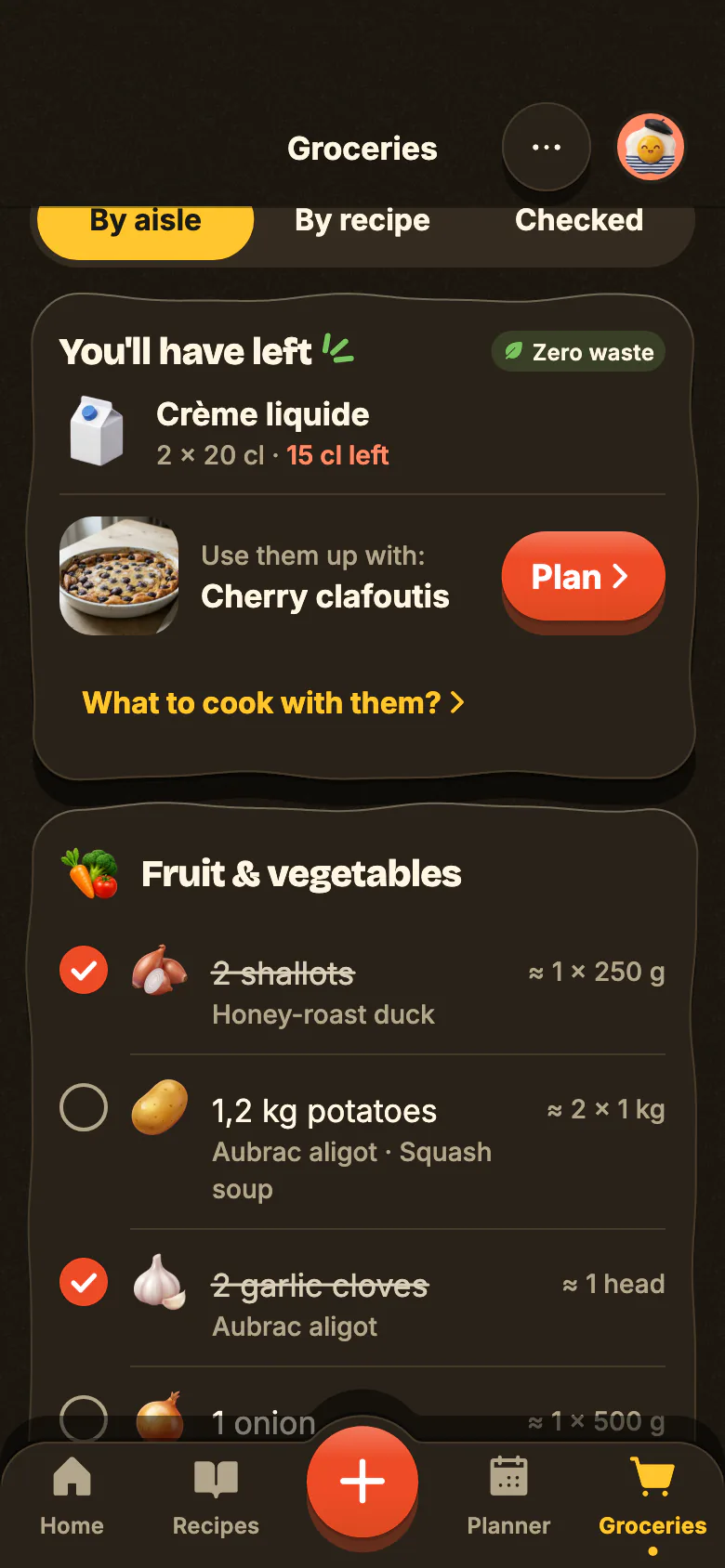 Yumclip’s shopping list, sorted by aisle: items ticked off one by one, then “You’ll have left” and the recipe that uses up the rest.