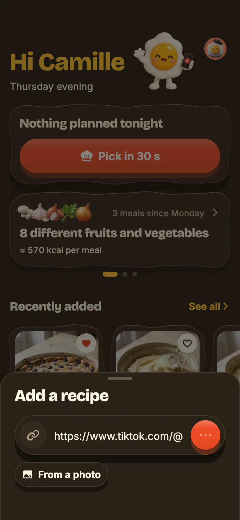 Yumclip’s Home screen: a recipe link pasted into the field, the import moving along, then the new recipe arriving.