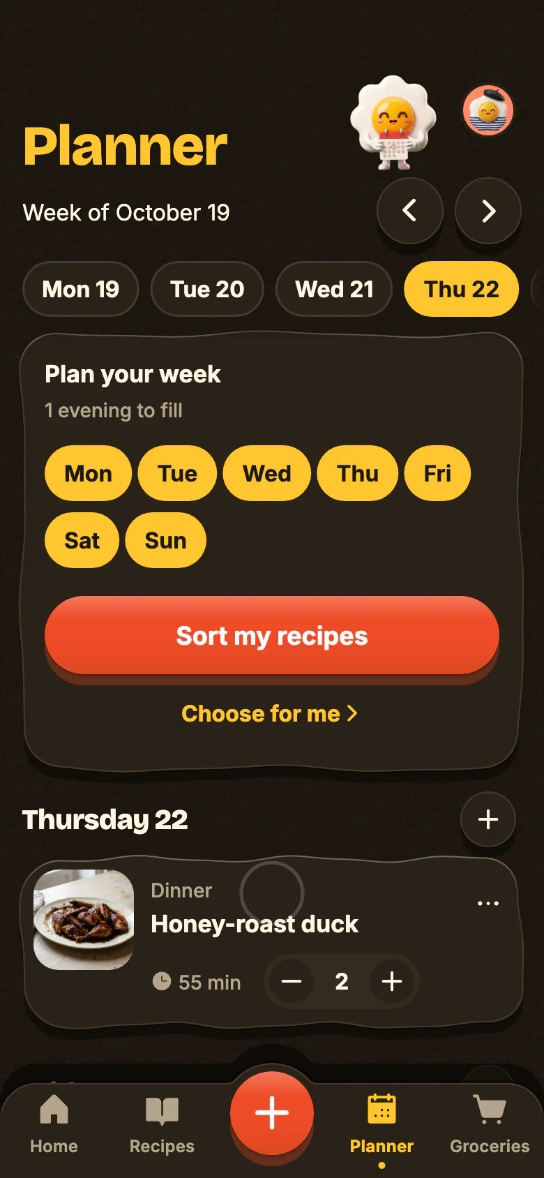 Yumclip’s planner: a recipe set for tonight, then the week’s other evenings filling up.