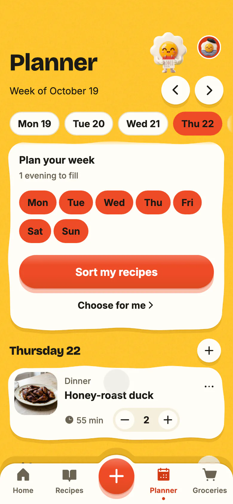 Yumclip’s planner: a recipe set for tonight, then the week’s other evenings filling up.