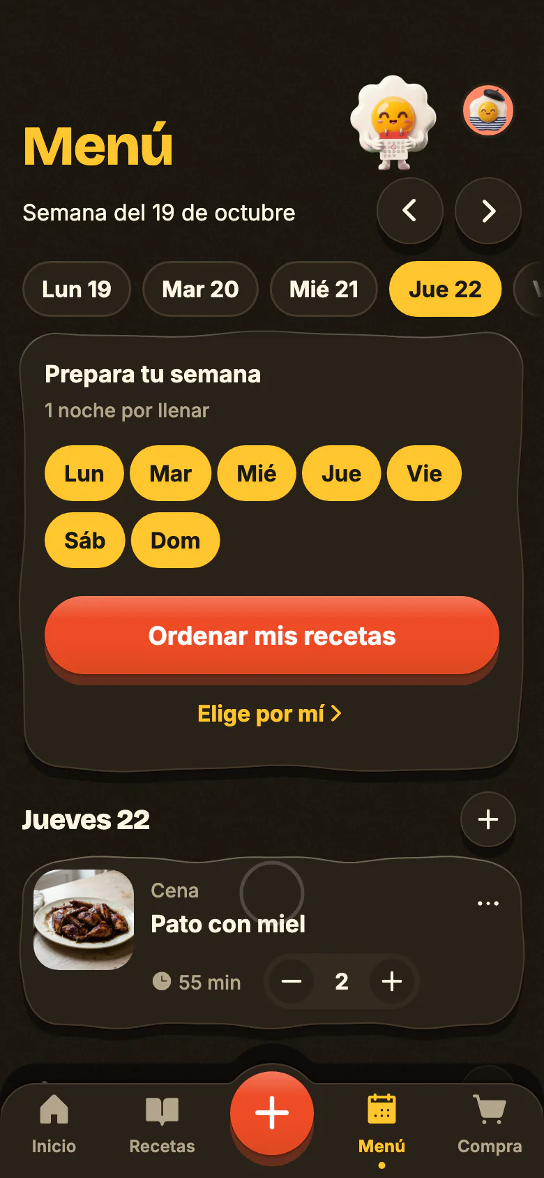 El menú de Yumclip: una receta para esta noche y luego las otras noches de la semana que se van llenando.