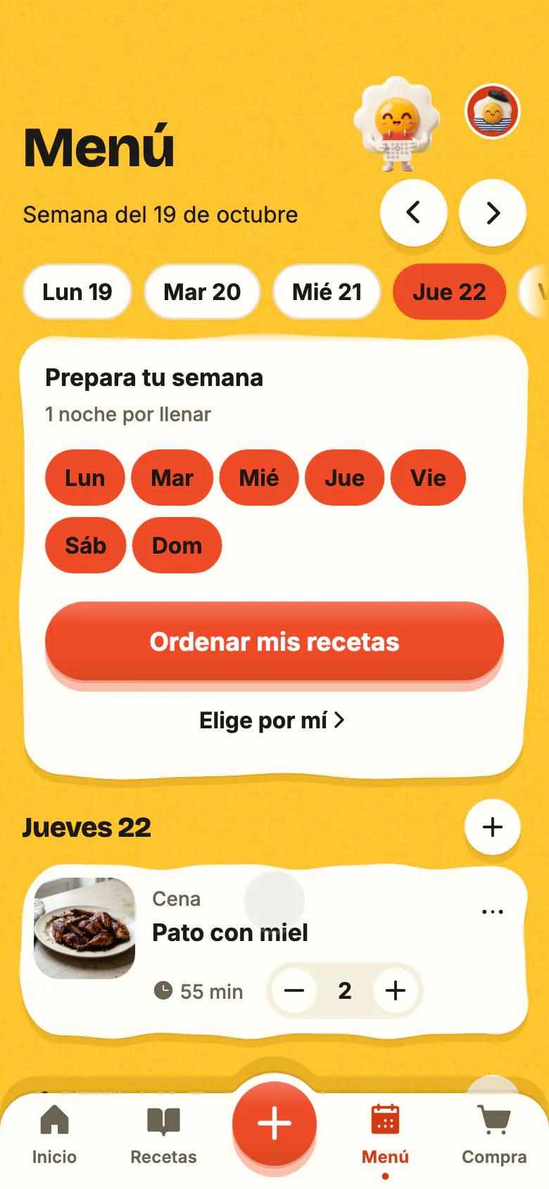 El menú de Yumclip: una receta para esta noche y luego las otras noches de la semana que se van llenando.