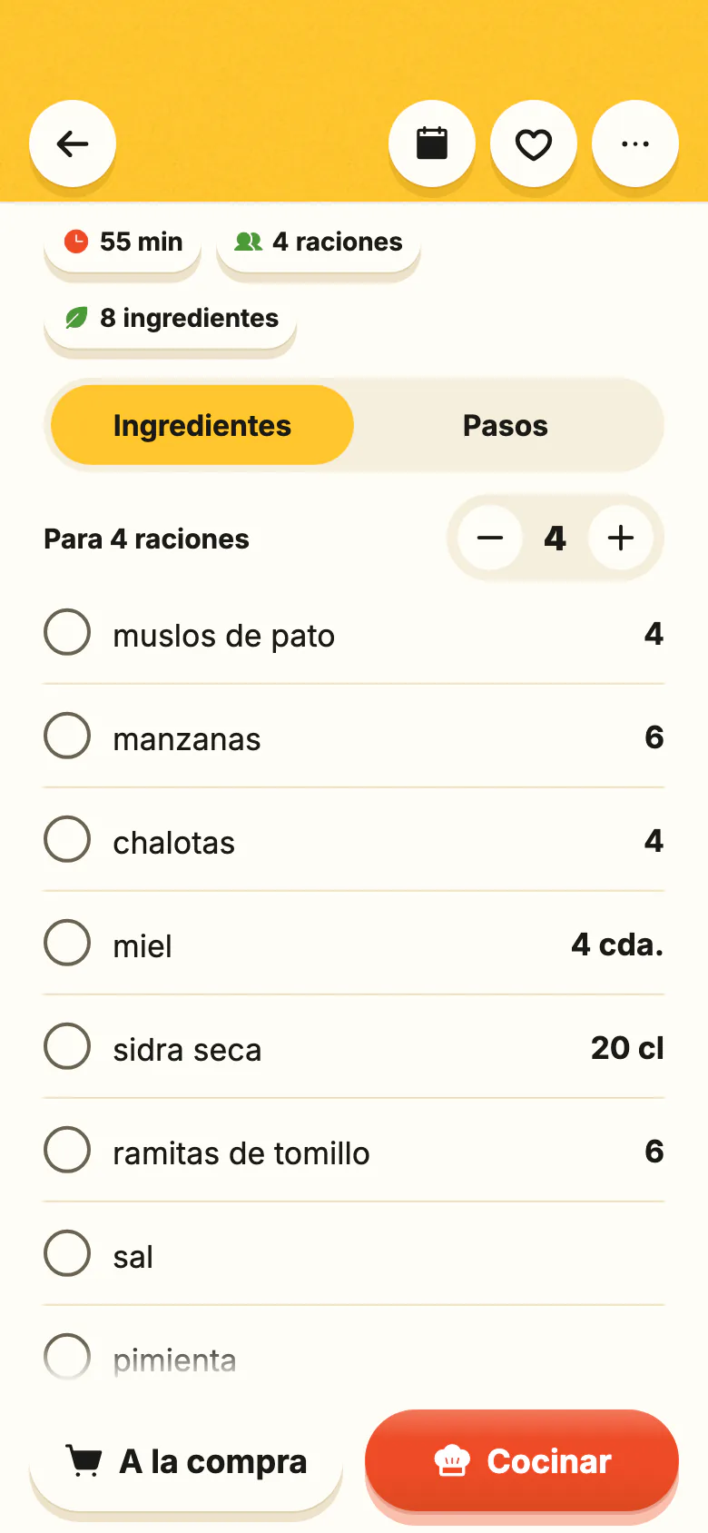 Una receta en Yumclip: los ingredientes con sus cantidades, el número de raciones que cambia y los pasos, cada uno enlazado a su momento del vídeo.