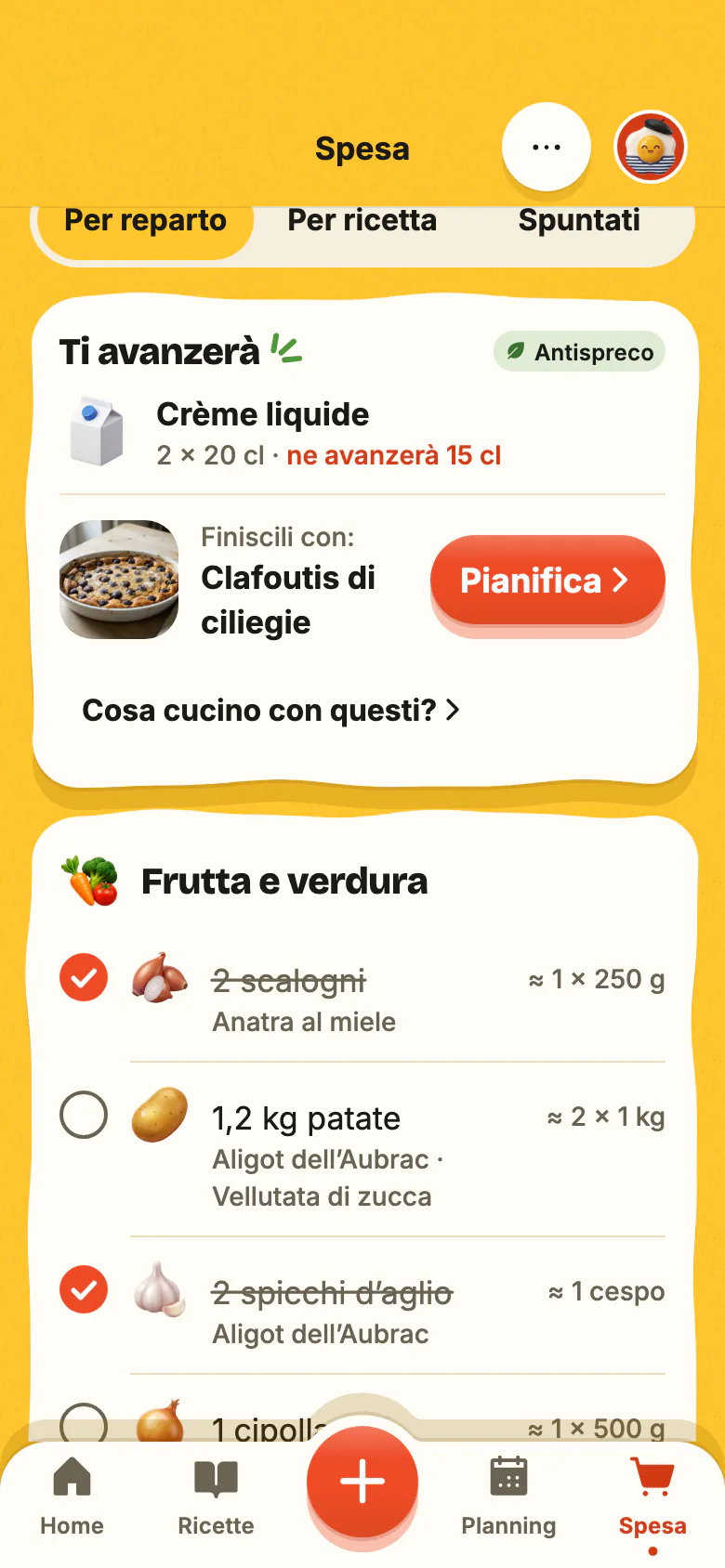 La lista della spesa di Yumclip, ordinata per reparto: prodotti spuntati uno a uno, poi «Ti avanzerà» e la ricetta che finisce gli avanzi.
