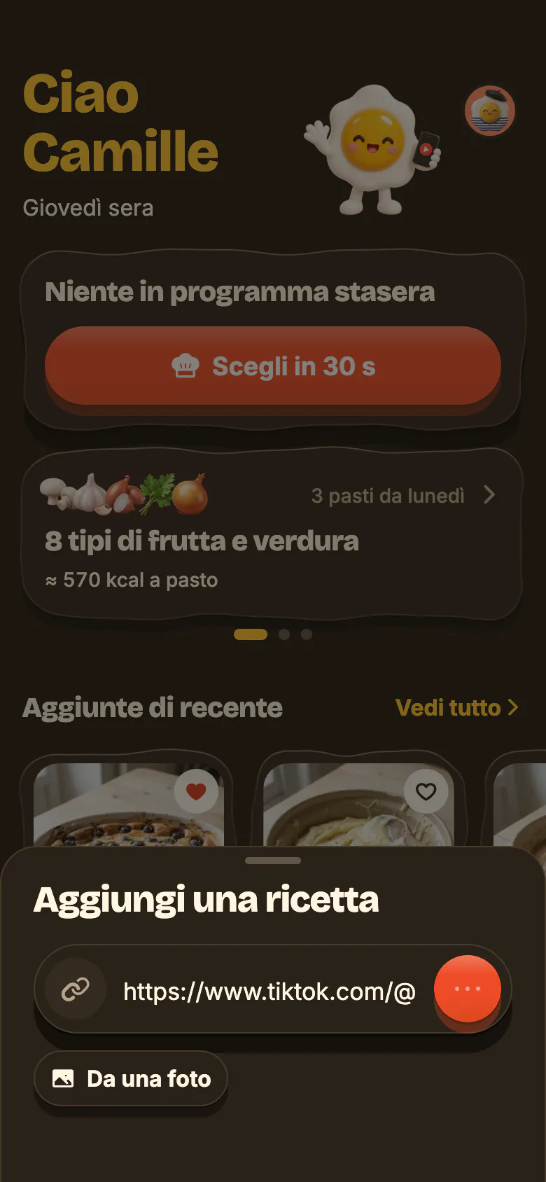 La Home di Yumclip: un link di ricetta incollato nel campo, l’importazione che avanza, poi la nuova ricetta che arriva.