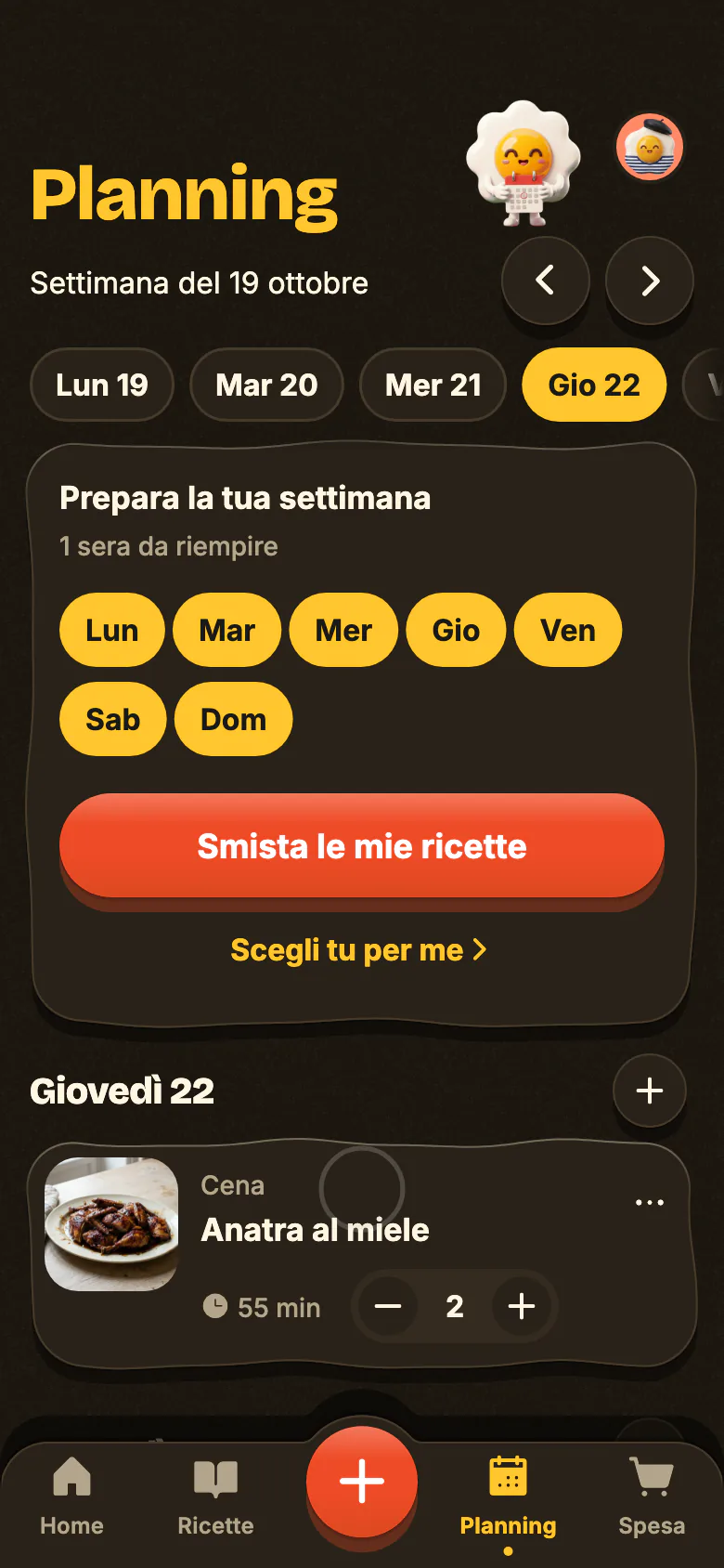 Il planning di Yumclip: una ricetta per stasera, poi le altre sere della settimana che si riempiono.