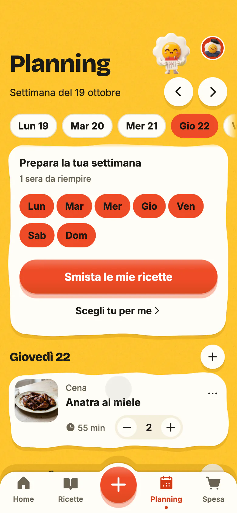 Il planning di Yumclip: una ricetta per stasera, poi le altre sere della settimana che si riempiono.