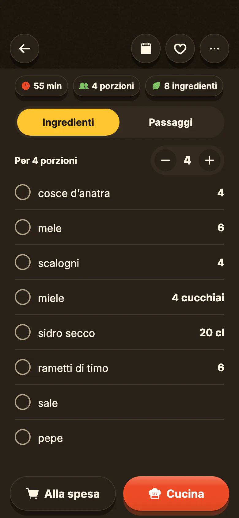 Una ricetta in Yumclip: gli ingredienti con le quantità, il numero di porzioni che cambia, poi i passaggi, ognuno legato al suo momento nel video.