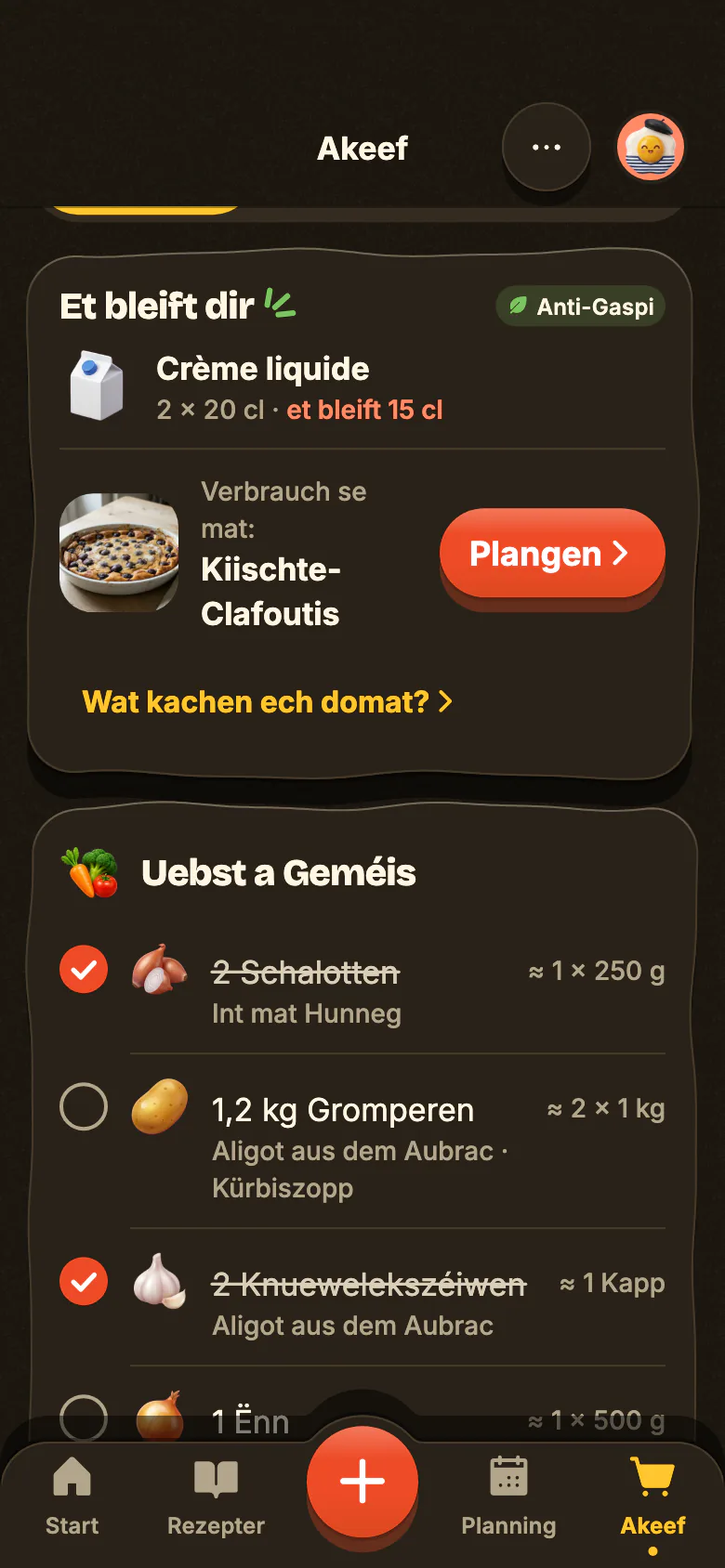 D’Akeefslëscht vu Yumclip, no Rayon sortéiert: Produiten, déi een nom aneren ofgekräizt ginn, dann „Et bleift dir“ an d’Rezept, dat de Rescht verbraucht.
