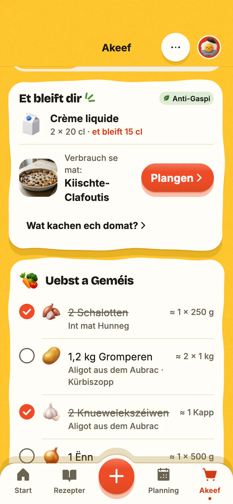 D’Akeefslëscht vu Yumclip, no Rayon sortéiert: Produiten, déi een nom aneren ofgekräizt ginn, dann „Et bleift dir“ an d’Rezept, dat de Rescht verbraucht.