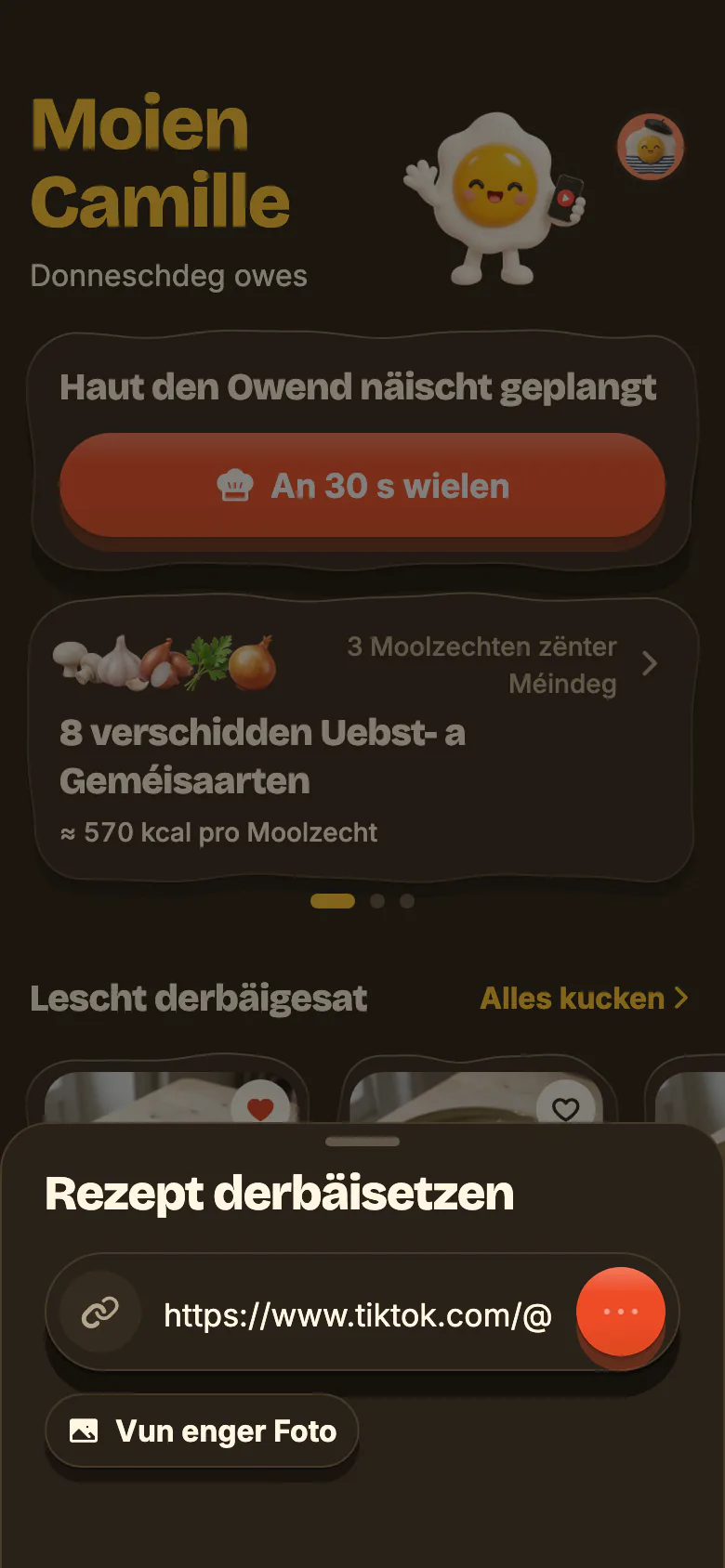 De Start vu Yumclip: e Rezeptlink am Feld agepecht, den Import, dee virugeet, an dann dat neit Rezept, dat ukënnt.