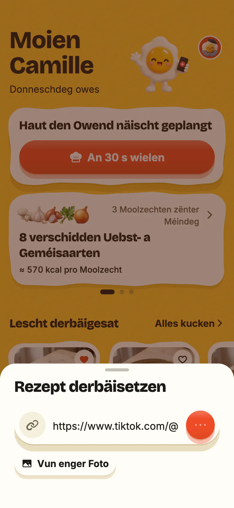 De Start vu Yumclip: e Rezeptlink am Feld agepecht, den Import, dee virugeet, an dann dat neit Rezept, dat ukënnt.
