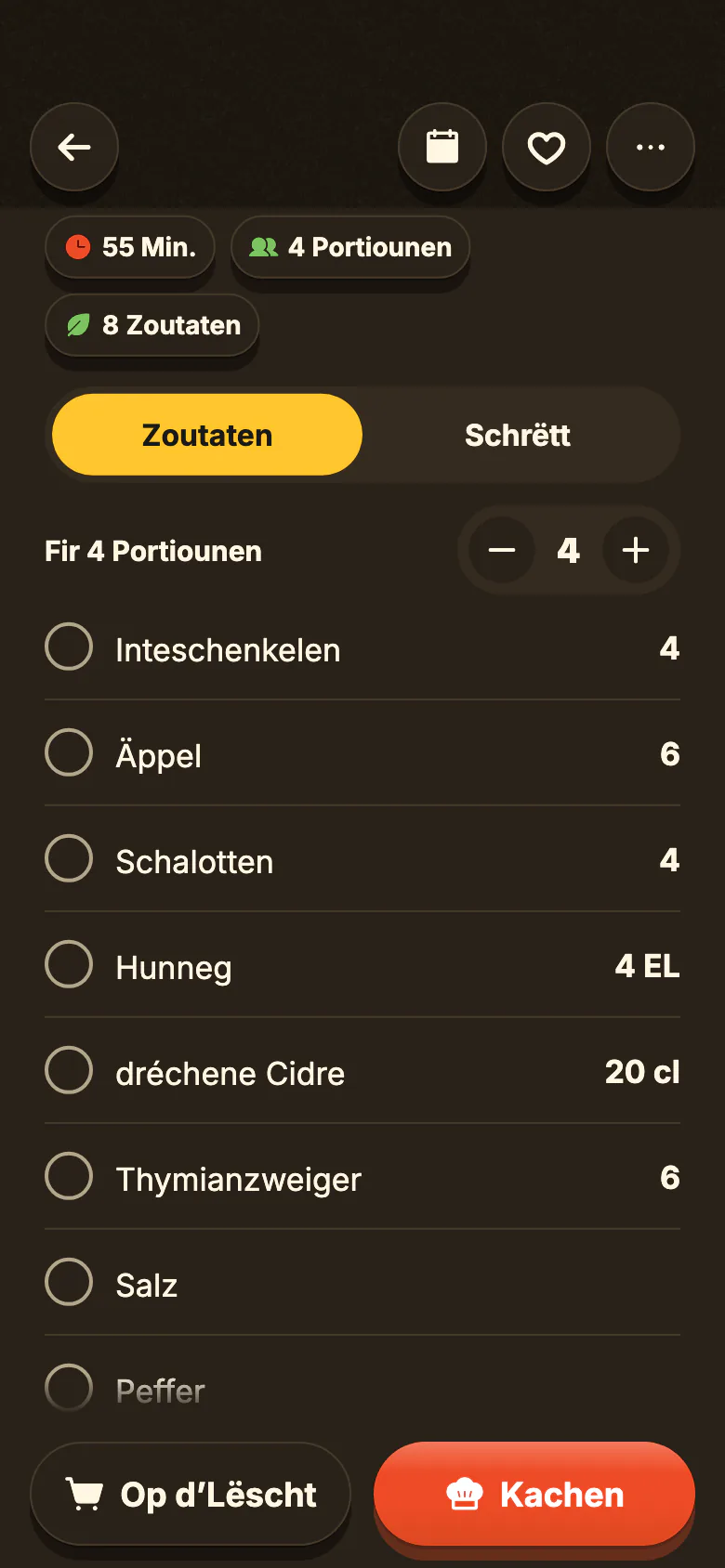 E Rezept a Yumclip: d’Zoutate mat hire Quantitéiten, d’Zuel vun de Portiounen, déi ännert, an dann d’Schrëtt, all eenzel mat sengem Moment am Video verbonnen.