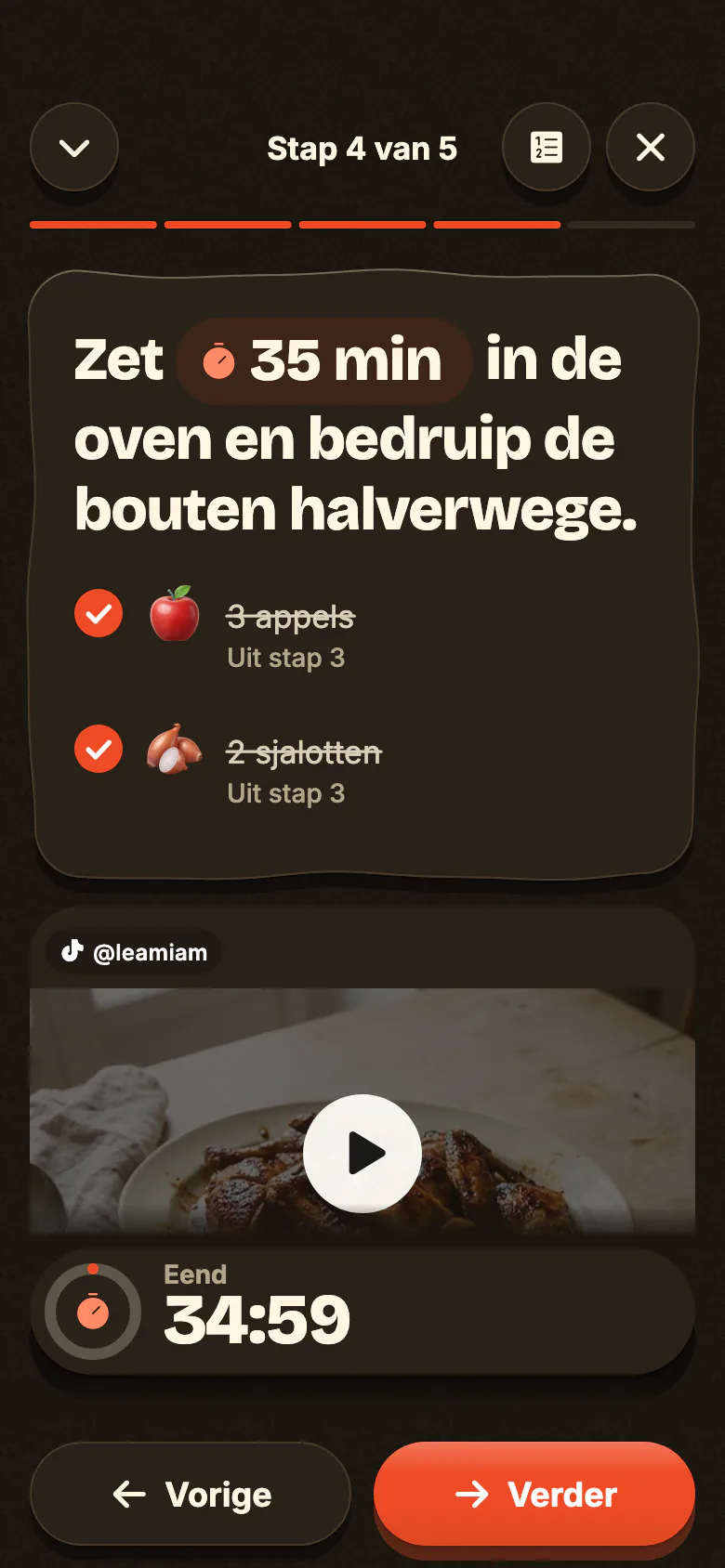De kookmodus van Yumclip, ’s avonds: een stap in grote letters, de ingrediënten en de timer die start.