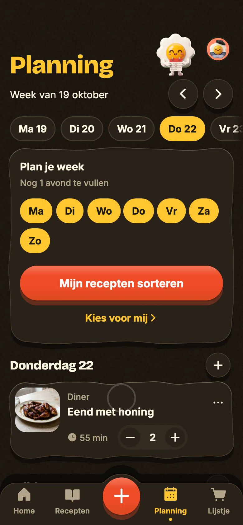 De planning van Yumclip: een recept voor vanavond, dan vullen de andere avonden van de week zich.