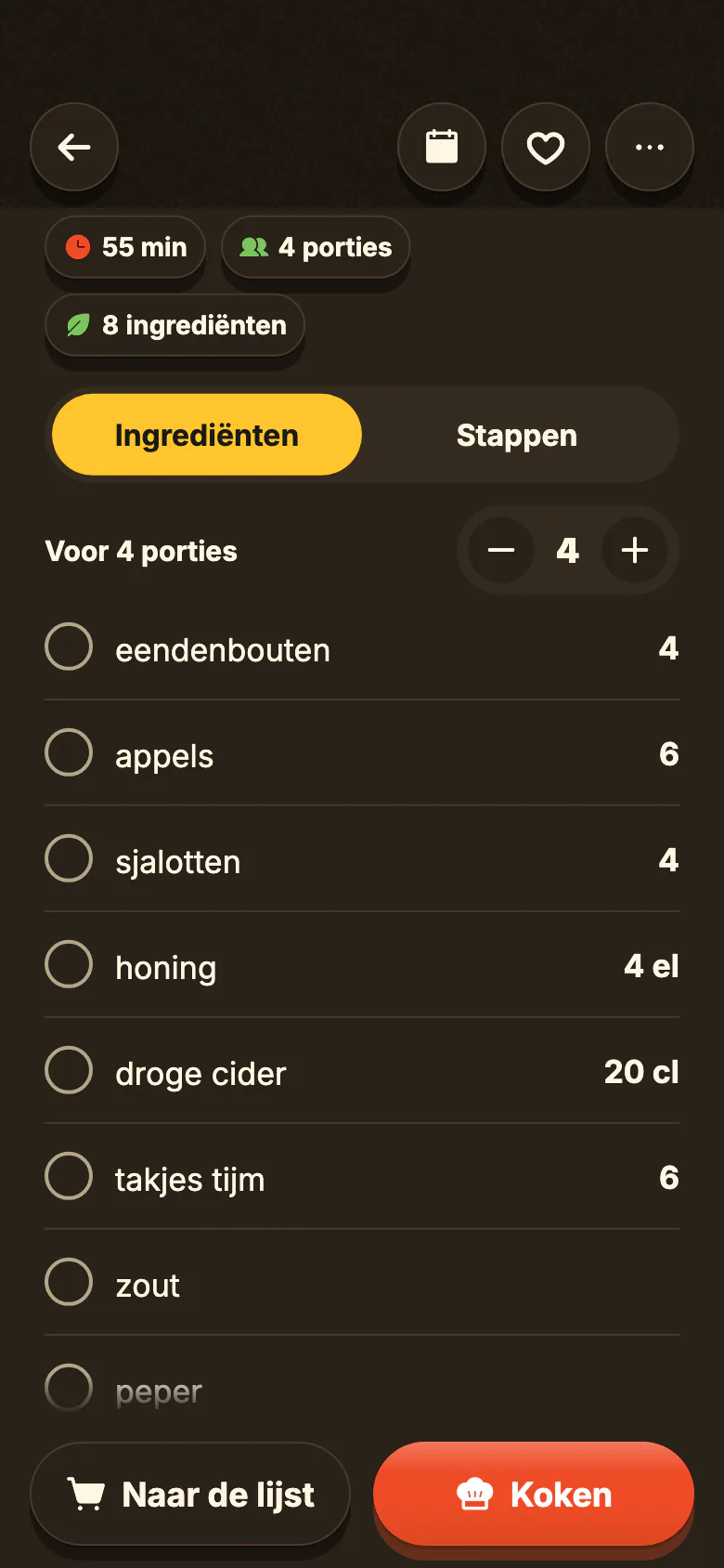Een recept in Yumclip: de ingrediënten met hun hoeveelheden, het aantal porties dat verandert, dan de stappen, elk gekoppeld aan zijn moment in de video.