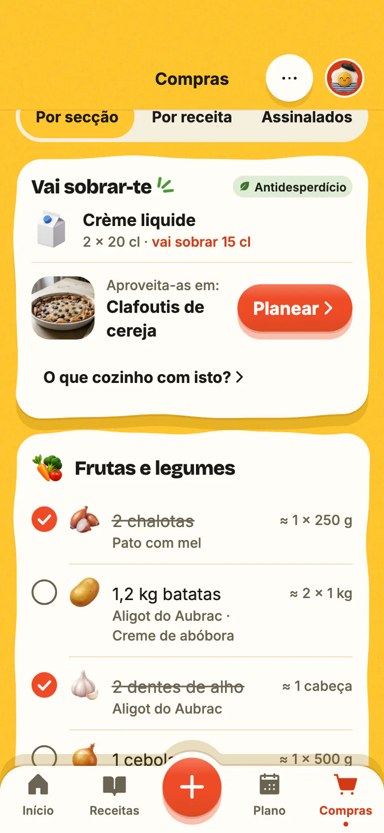 A lista de compras do Yumclip, arrumada por secção: produtos marcados um a um, depois «Vai sobrar-te» e a receita que aproveita o que sobra.