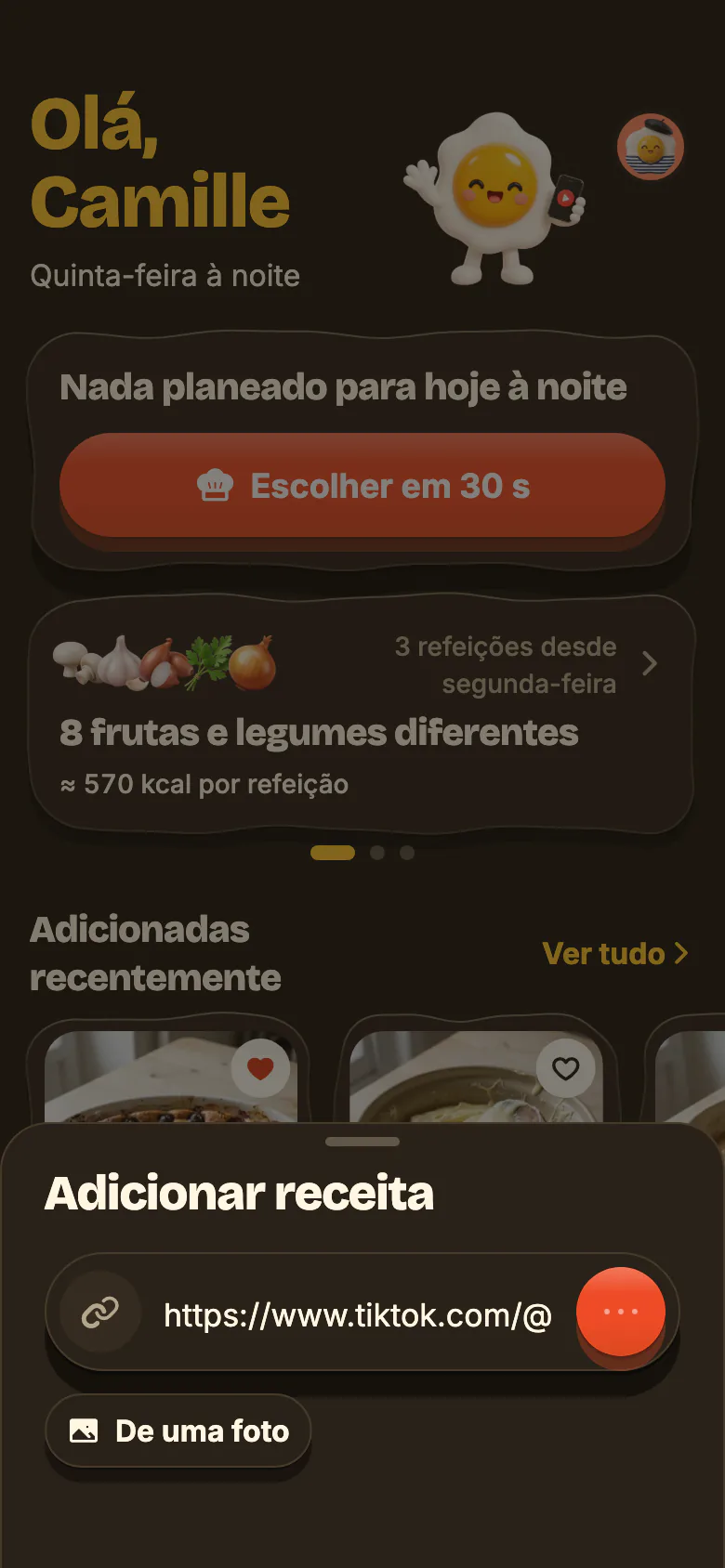 O Início do Yumclip: um link de receita colado no campo, a importação a avançar e a nova receita a chegar.