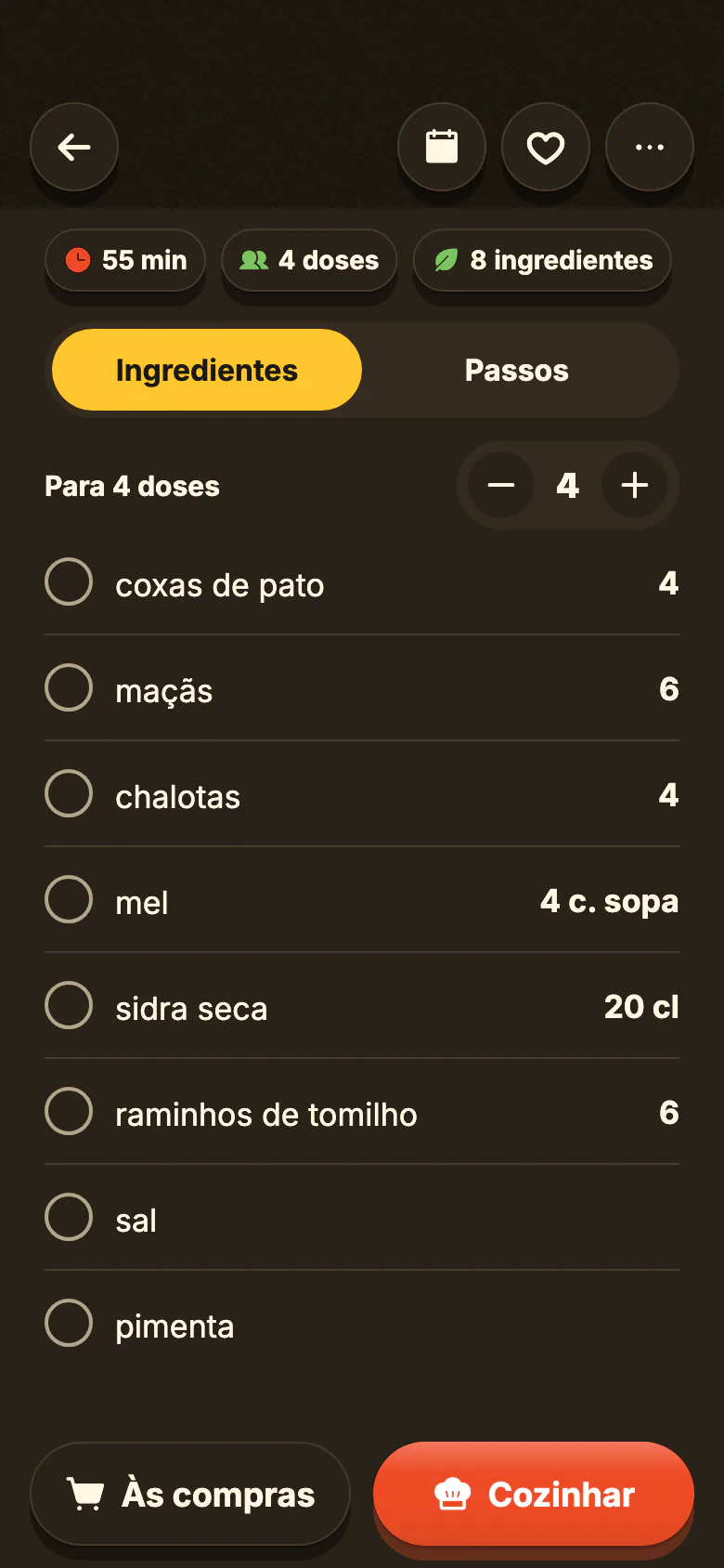 Uma receita no Yumclip: os ingredientes com as quantidades, o número de doses a mudar, e os passos, cada um ligado ao seu momento no vídeo.