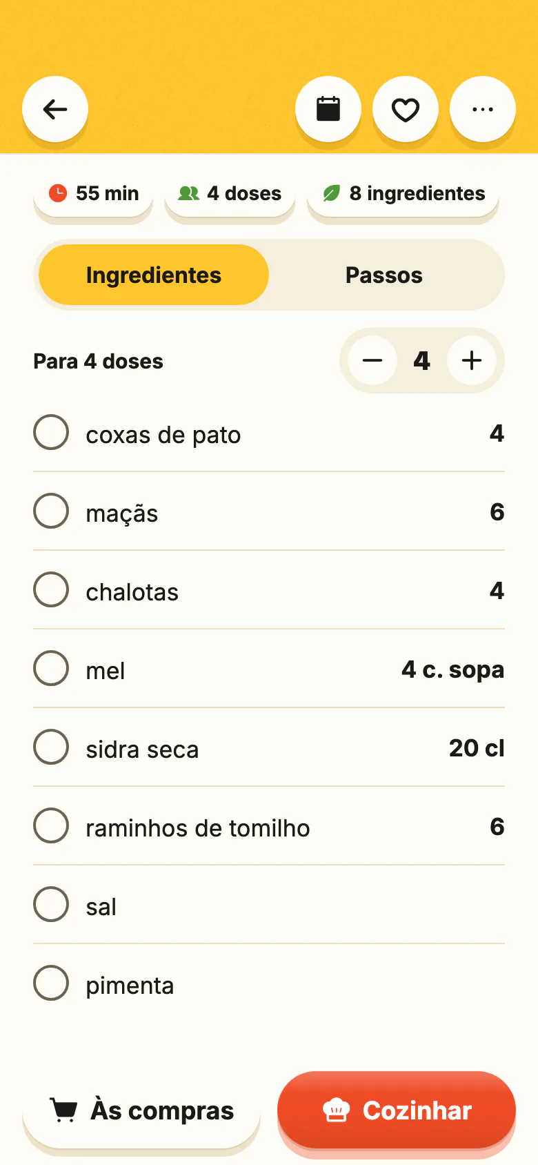 Uma receita no Yumclip: os ingredientes com as quantidades, o número de doses a mudar, e os passos, cada um ligado ao seu momento no vídeo.